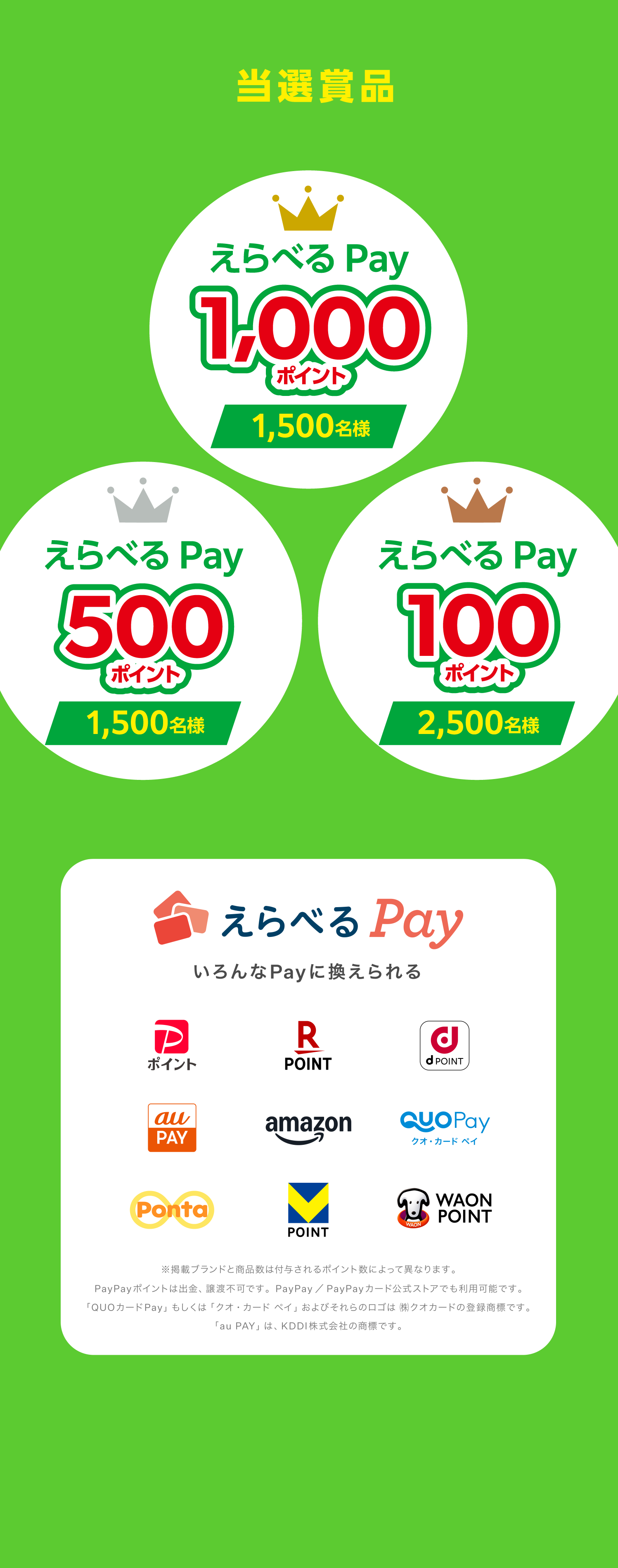 当選賞品　えらべるPay 1000ポイント1500名様、500ポイント1500名様、100ポイント2500名様